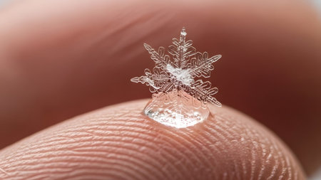 Snowflake showing macro snowflake on finger with water droplet and textured skin.の写真素材