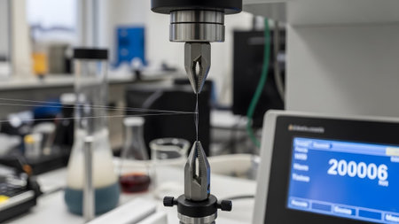 A scientific tensile testing machine grips a thin fiber, stretching it in a laboratory...