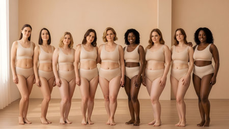 Various showing lineup of diverse women of various ethnicities and body types in light colored...