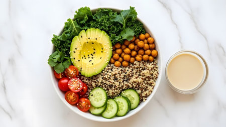 Tomatoes showing healthy bowl with avocado cherry tomatoes cucumber and kale on marble...の写真素材