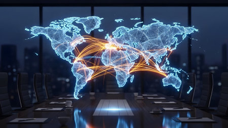 Connections showing global network connections displayed on a digital map in a modern boardroom....