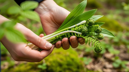 showing hands gathering wild garlic and unfurling fern fronds in a forest setting.