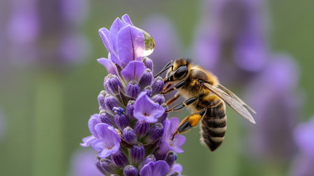 A honeybee rests on a purple lavender flower, a dewdrop on its petal reflecting light and the...