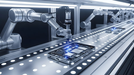 Robotic showing robotic arms assembling smartphone circuit boards on a conveyor belt in a modern...