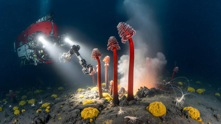 Robotic showing submersible with robotic arm examines hydrothermal vent with shrimp and tube...の写真素材