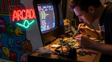 showing man repairing an old arcade machine circuit board with a soldering iron and tools...