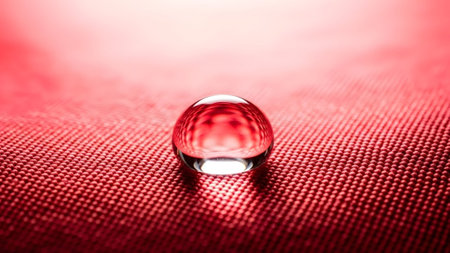 A single clear water droplet sits on a textured red fabric surface, reflecting light and the...の写真素材