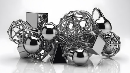 showing intricate cluster of metallic geometric shapes, wireframes, spheres, cubes, and pyramidsの写真素材
