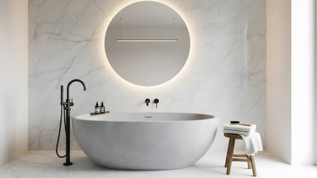 showing modern bathroom with freestanding oval bathtub black faucet illuminated mirror and...