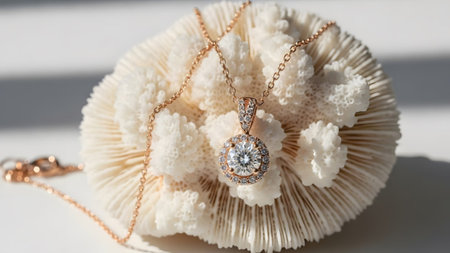 Pendant showing rose gold diamond pendant necklace resting on textured white coral with soft...の写真素材