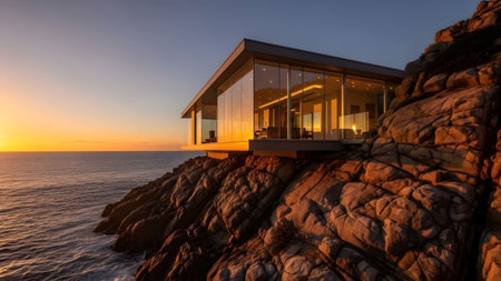 (2493) showing modern glass house on rocky cliff face during golden hour sunset. resolution...の写真素材