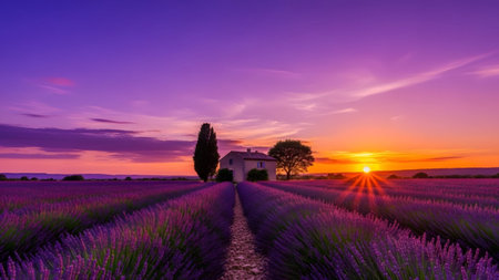A serene lavender field unfolds towards a house and cypress tree beneath a striking purple and...