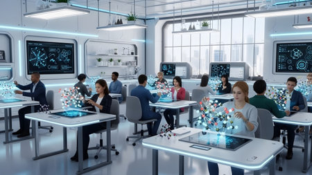 Studying showing people of diverse ages and backgrounds in a futuristic classroom studying...