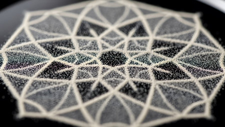 showing intricate geometric lattice pattern formed by white lines and particles on dark...
