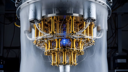 A complex golden processor with intricate wiring and a glowing blue central core, surrounded by...の写真素材