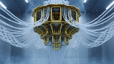 Computer showing intricate golden and blue quantum computer processor with numerous white cables...