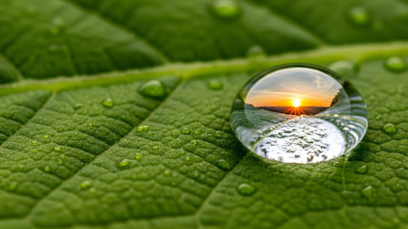 showing macro view of a water droplet on a green leaf showing a sunset reflection.の写真素材