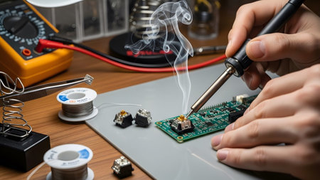 showing soldering electronic components onto a green circuit board with a hot soldering...