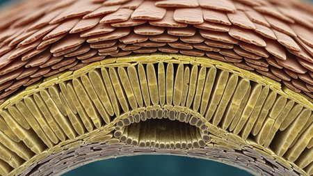 showing microscopic view of a biological tissue cross-section revealing layered cells and...