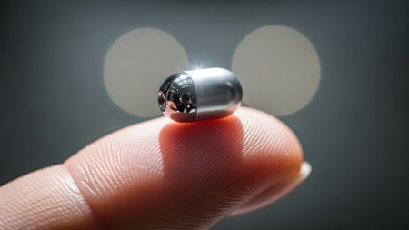 A tiny silver capsule camera, a medical diagnostic tool, is precisely balanced on a person's...の写真素材
