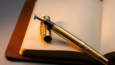 An open leather-bound journal blank pages with a gold fountain pen and a blue ink drop resting...の写真素材