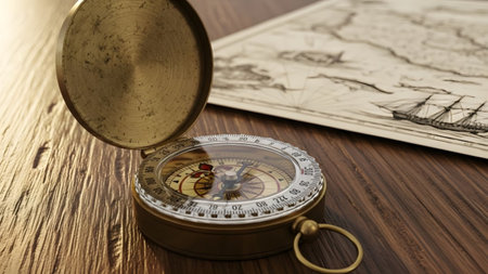 Near showing open antique brass compass with detailed face on a wooden surface near a vintage...