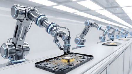 Robotic showing multiple robotic arms working in unison on a futuristic factory assembly line...