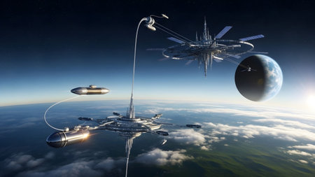 Complex showing interstellar space station complex with planets and spaceships orbiting earth....の写真素材