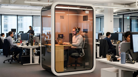 showing man wearing headphones works on laptop inside modern glass office pod with quiet...