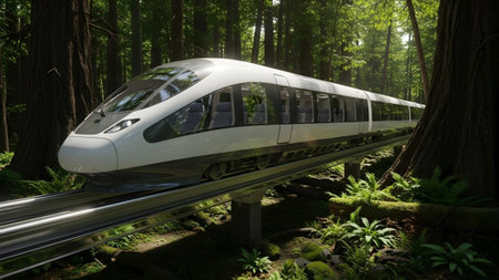 Sunlit showing modern white high-speed train on elevated tracks through a sunlit forest with...