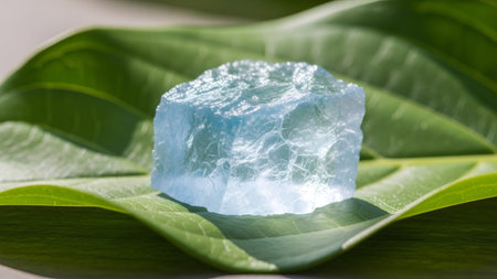 A rough, translucent blue crystal sits on a broad, vibrant green leaf, illuminated by dappled...
