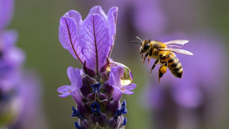 A honeybee hovers near a dewdrop on a purple lavender flower with a soft green background.