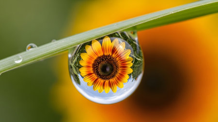 Grass showing macro view of a sunflower reflected in a water droplet on a blade of grass.の写真素材