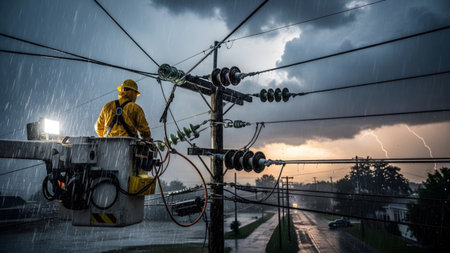 Pole showing lineman in yellow gear working on utility pole during heavy rain and lightning...