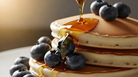 (2039) showing stack of pancakes with blueberries and syrup cascading down the sides in a...の写真素材