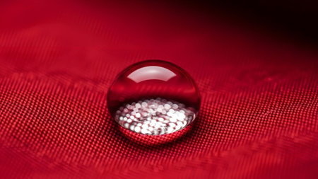 A clear water droplet on red textured fabric tiny white particles suspended within its liquid form.の写真素材