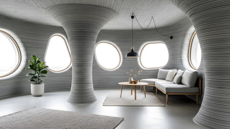 A modern interior curved concrete walls with organic-shaped windows, a sectional sofa, and a...
