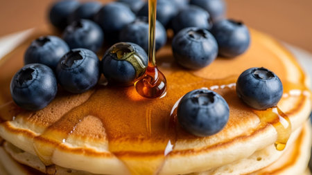 (2954) showing macro shot of blueberries and dripping syrup on a stack of golden brown pancakes....の写真素材