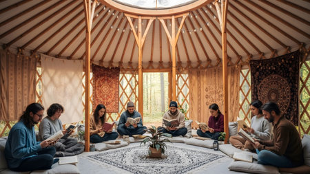 showing people reading books in a yurt with tapestries and windows showing forest.