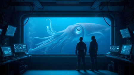 Squid showing two researchers observe giant squid through submarine window.の写真素材