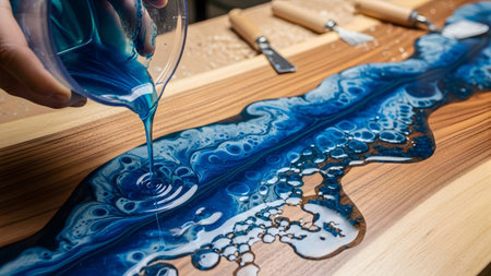 Blue resin is poured into a wooden surface, forming a river with intricate swirls and air bubbles.の写真素材