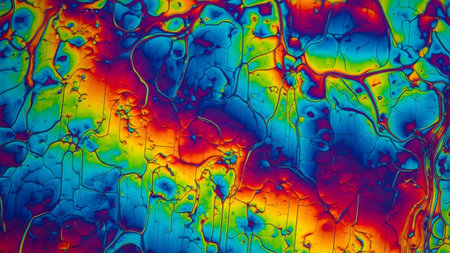 Structures showing microscopic view of polarized light revealing crystalline structures with...の写真素材