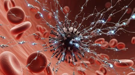 Technology showing nanobots attacking a virus surrounded by red cells in a vessel