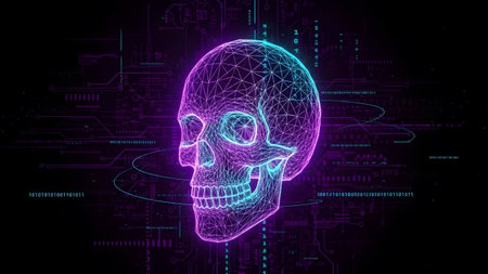 A glowing neon wireframe skull in purple and blue hues against a dark background with digital elements.の写真素材