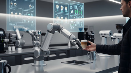 Robotic showing man receiving a coffee from a robotic arm in a futuristic cafe with holographic...の写真素材