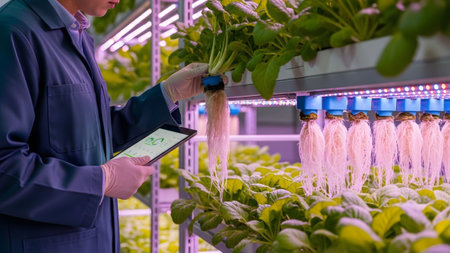 showing scientist examining hydroponic plants with tablet in controlled environment.