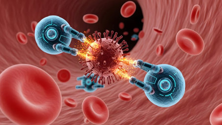 Technology showing nanobots attacking a virus in a vessel with red cells present