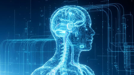 showing profile of a blue digital human head and neck with circuitry and neural pathways....