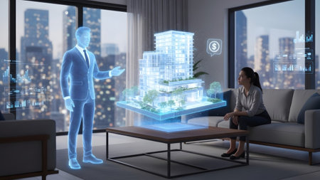 showing woman viewing a holographic apartment building projection by a digital man in a...の写真素材
