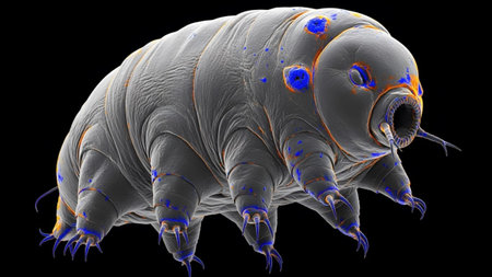 showing microscopic tardigrade water bear with blue spots and orange accents on black....